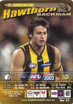 2003 Team Zone AFL Team #21 Jonathan Hay Front